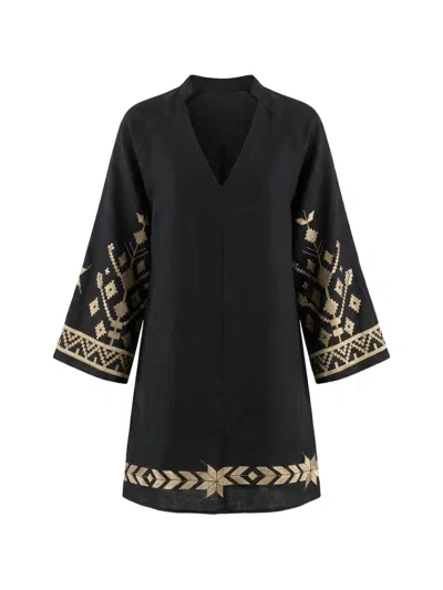 Greek Archaic Kori Embroidered Linen Dress In Black