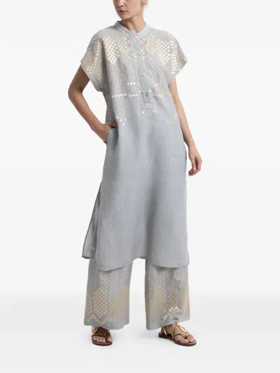 Greek Archaic Kori Embroidered Mandarin-collar Dress In Gray