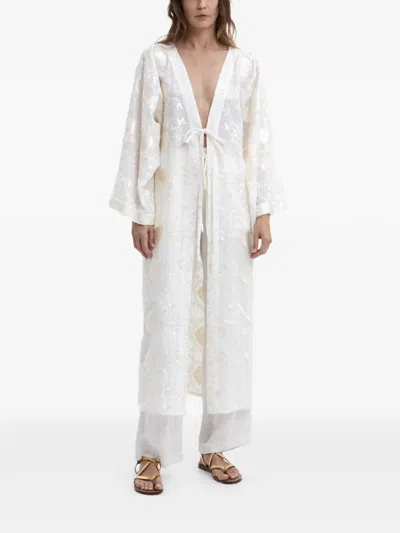 Greek Archaic Kori Embroidered Tie-fastening Kaftan In White