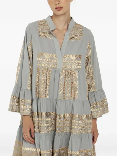 Greek Archaic Kori Embroidered Tiered Dress In Gray