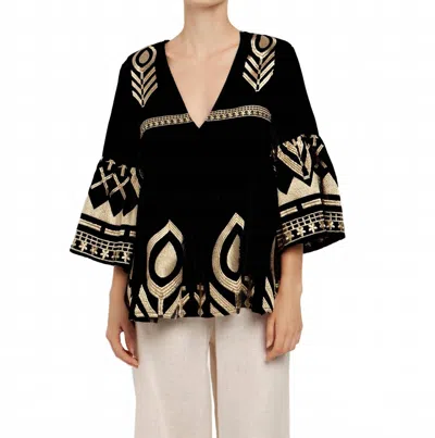 Greek Archaic Kori Feather Long Sleeve V-neck Shirt In Black/gold