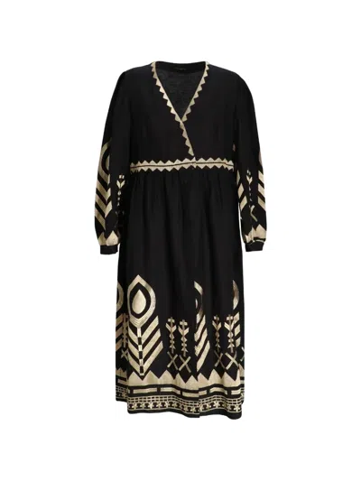 Greek Archaic Kori Feather-embroidered Wrap Midi Dress In Black