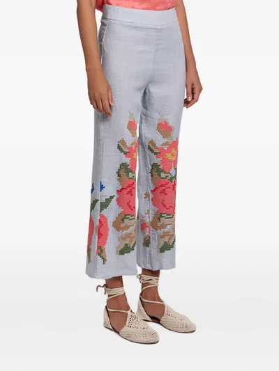 Greek Archaic Kori Floral-embroidered Trousers In Gray