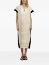 Greek Archaic Kori Geometric Embroidered Midi Dress In Neutral