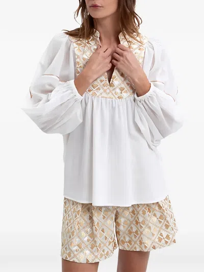 Greek Archaic Kori Geometric-pattern Blouse In White