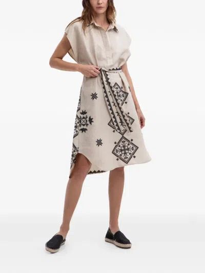 Greek Archaic Kori Geometric Print Belted Dress In Neutral