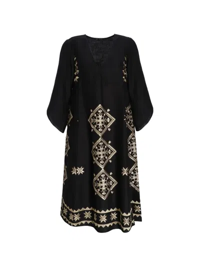 Greek Archaic Kori Lefkada Bell-sleeve Midi Dress In Black