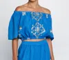 Greek Archaic Kori Strapless Embroidered Blouse In Blue
