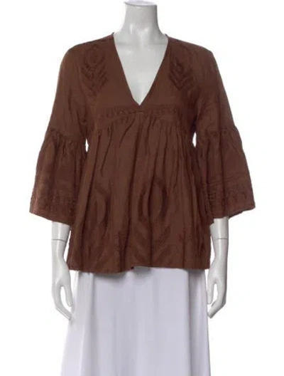 Pre-owned Greek Archaic Kori Linen Patterned Blouse In Brown