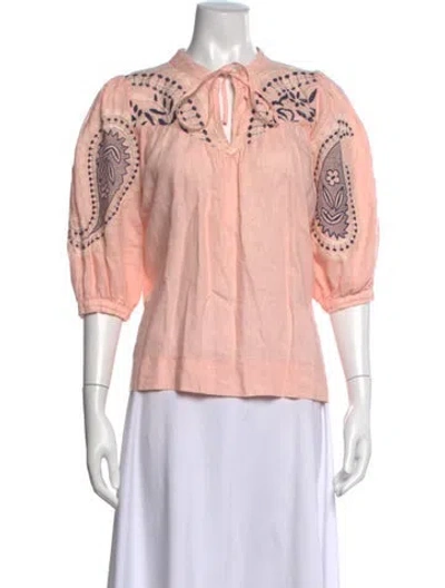 Pre-owned Greek Archaic Kori Linen Patterned Blouse In Pink