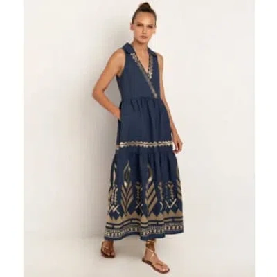 Greek Archaic Kori Long Collared Dress In Blue