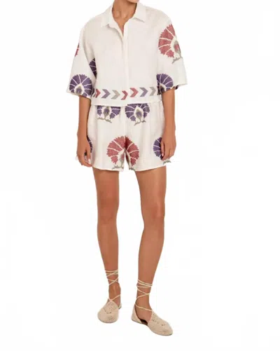 Greek Archaic Kori Mini Peacock Short Sleeve Shirt In White-purple In Animal Print