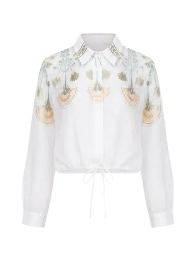 Greek Archaic Kori Papyrus-embroidered Drawstring Shirt In White