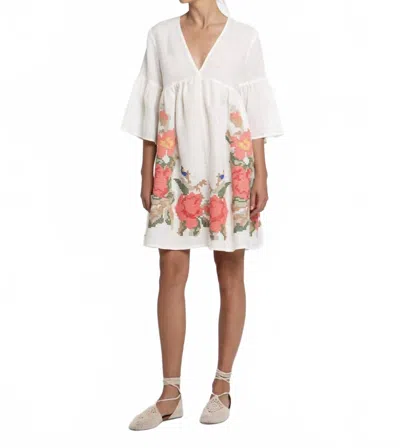 Greek Archaic Kori Rose Embroidered Linen Mini Dress In Light Grey In White