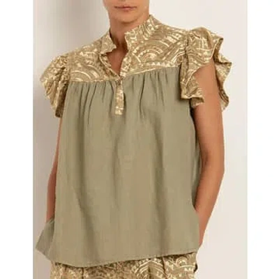 Greek Archaic Kori Top All Over Ruffles In Tea And Gold 240219