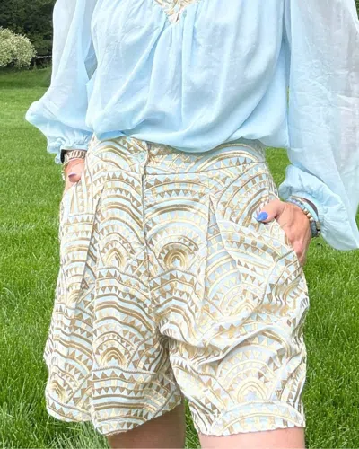 Greek Archaic Kori Triangle Pleated Shorts In Ciel/gold In Blue
