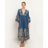GREEK ARCHAIC LONG FEATHER DRESS IN INDIGO WITH BELL SLEEVE AND GOLD DETAIL