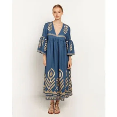 Greek Archaic Long Feather Dress In Indigo With Bell Sleeve And Gold Detail In Blue