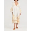 GREEK ARCHAIC LONG FEATHER DRESS IN NATURAL WITH BELL SLEEVE AND GOLD DETAIL