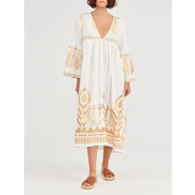 Greek Archaic Long Feather Dress In Natural With Bell Sleeve And Gold Detail In Yellow