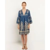 GREEK ARCHAIC SHORT FEATHER DRESS WITH BELL SLEEVE IN INDIGO AND GOLD