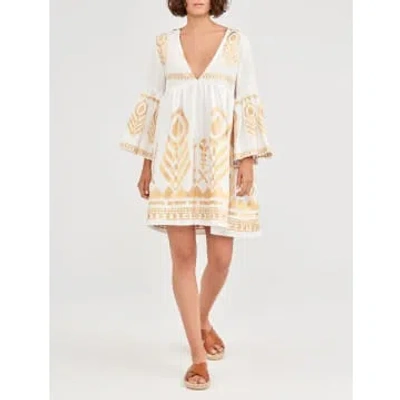 Greek Archaic Short Feather Dress With Bell Sleeve In Natural And Gold