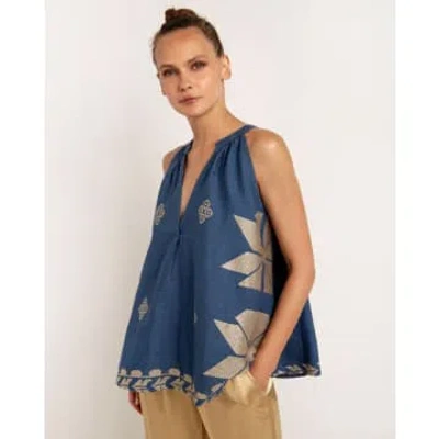 Greek Archaic Sleeveless Aeolis Blouse In Indigo And Gold In Blue