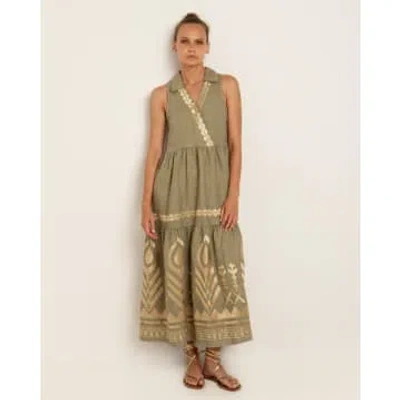 Greek Archaic Sleeveless Long Feather Dress In Tea With Gold Detail