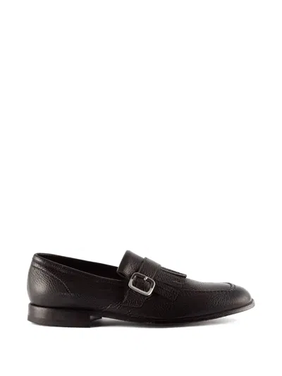 Green George Fringed Buckle Leather Loafers In Black