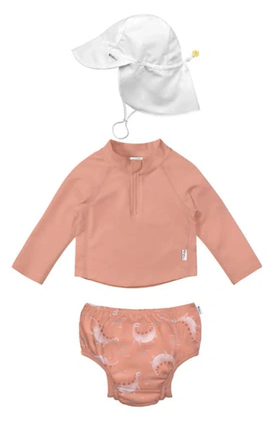 Green Sprouts Long Sleeve Two-piece Rashguard Swimsuit & Sun Hat Set In Coral Dino