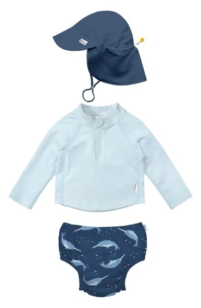 Green Sprouts Babies'  Long Sleeve Two-piece Rashguard Swimsuit & Sun Hat Set In Navy Narwhal