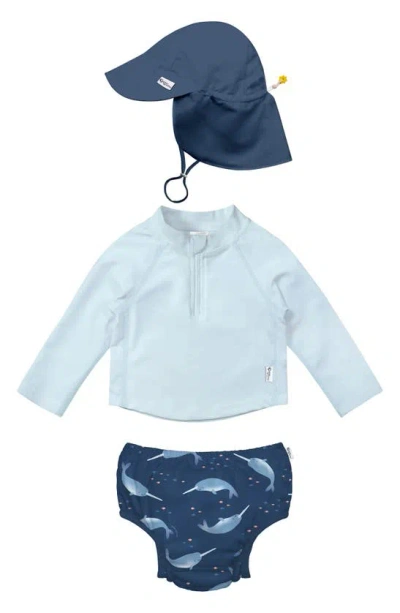 Green Sprouts Kids'  Long Sleeve Two-piece Rashguard Swimsuit & Sun Hat Set In Navy Narwhal