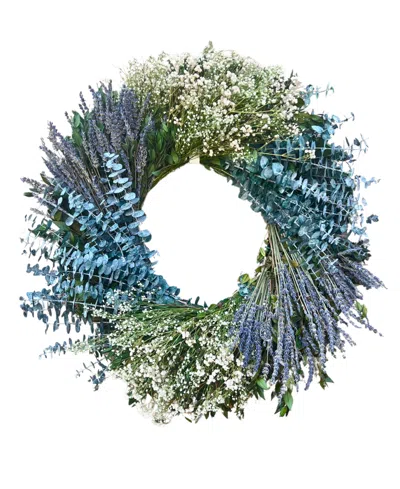 Greenishblu Real Preserved Wreath Baby Blue Eucalyptus, Dried Lavender And Baby's Breath, 22" In Transparent