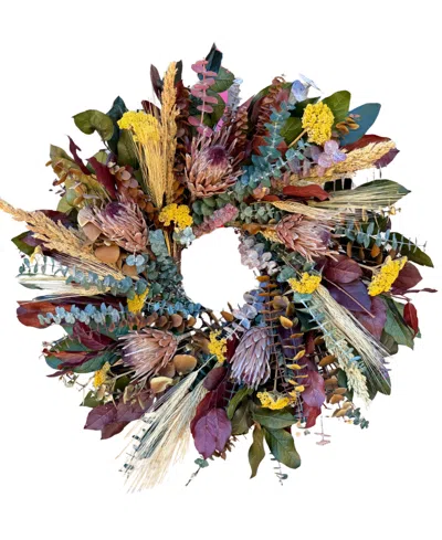 Greenishblu Real Preserved Wreath Salal Brown, Red, Wheat, Sorghum, Dried Pink Ice Protea Flower, Baby Blue Euca In Transparent