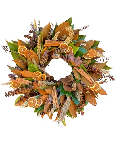 Greenishblu Real Wreath Fresh Magnolia, Preserved Baby Blue Eucalyptus, Dried Sorgum, Real Cinnamon And Dehydrat In Transparent