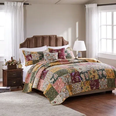 Greenland Home Fashions Antique Chic 100% Cotton Patchwork Reversible Quilt Set With Throw Pillows In Green;red;yellow