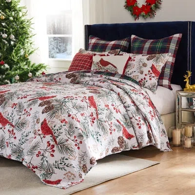 Greenland Home Fashions Cardinal Plaid Holiday Reversible Quilt Set In Multi