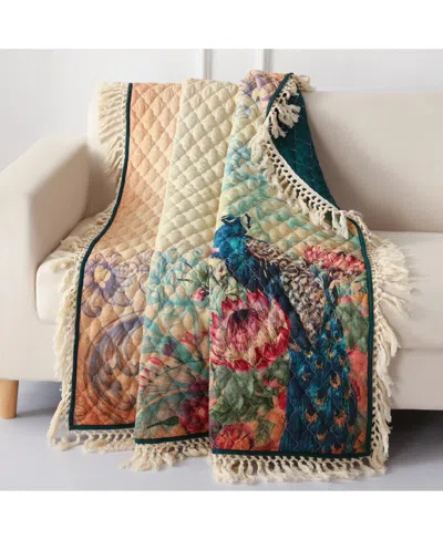 Greenland Home Fashions Eden Peacock Fringed 50" X 60" Throw Blanket In Ecru