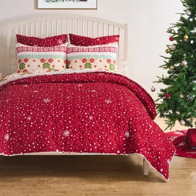 Greenland Home Fashions Fair Isle Snow 2-piece Twin Size Quilt Set 68x88 + 20x26 In Red