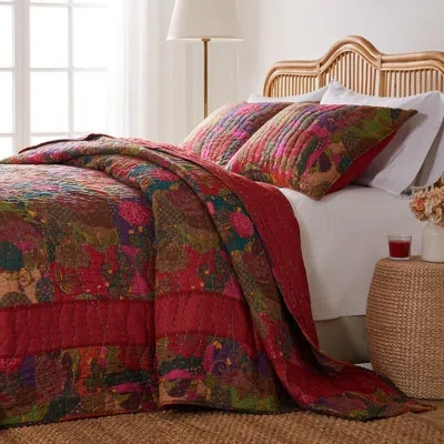 Greenland Home Fashions Jewel Red Global Floral Kantha Stitch 3-piece Queen Size Bedspread Set 110"x118" With 2 Standard Sha In Multi