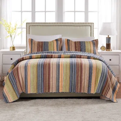Greenland Home Fashions Katy Stripe Cotton Reversible Quilt Set In Brown,red,blue