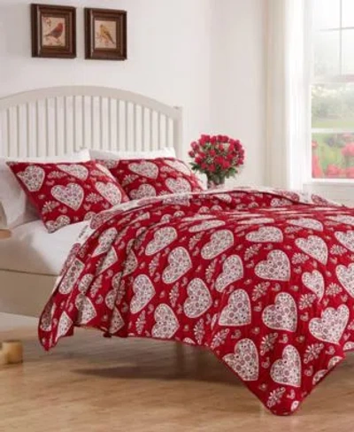 Greenland Home Fashions Lovebirds Woven Jacquard Reversible Coverlet Set In Red
