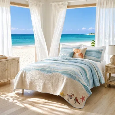 Greenland Home Fashions Ocean Breeze Reversible Embroidered Quilt Set In Blue