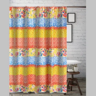 Greenland Home Fashions Skylar Floral Striped Single Shower Curtain With Ruffles In Yellow,blue,orange