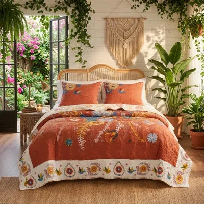 Greenland Home Fashions Solana Floral Boho Reversible Full/queen Quilt Set In Orange