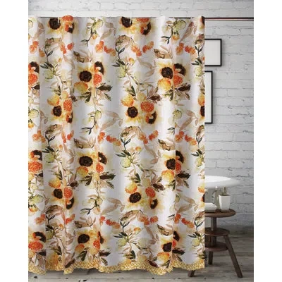 Greenland Home Fashions Somerset Sunflower Single Shower Curtain With Ruffled Trim In Yellow,white,orange
