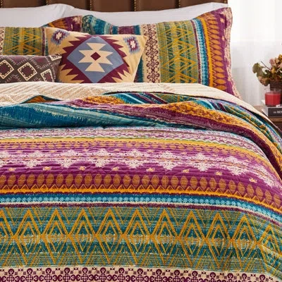 Greenland Home Fashions Southwest Reversible Quilt Set With Throw Pillows In Blue;green;purple