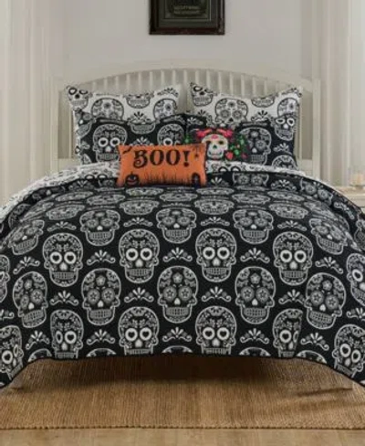 Greenland Home Fashions Sugar Skull Jacquard Woven Coverlet Sets In Black