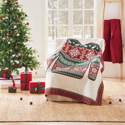 Greenland Home Fashions Ugly Sweater Throw – 50" X 60" Novelty Holiday Cotton Quilted Blanket With Cotton Blend Fill In Green;red;beige