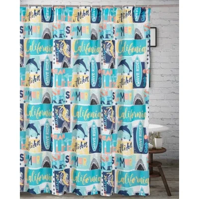 Greenland Home Fashions Wave Rider Bath Shower Curtain – 72" X 72", Machine Washable Polyester, Reinforced Buttonholes, Coas In Blue
